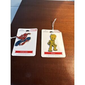(2) Hallmark Marvel Metal Ornament/Backpack Clip/Bookmark Spider Man & Groot